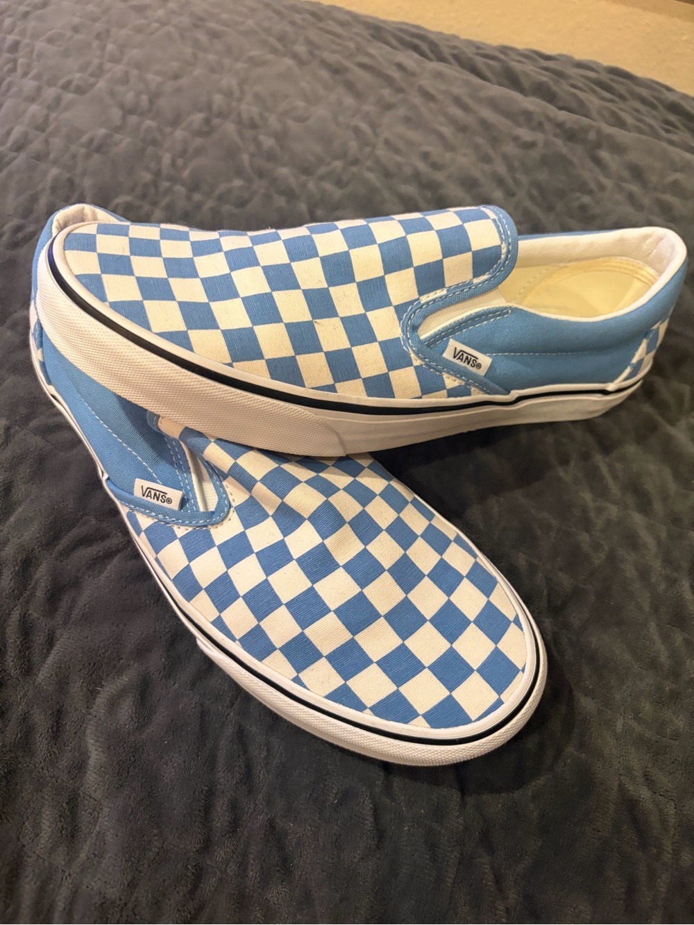 Vans Slip-On Checkerboard Loafers in Light Blue and White
